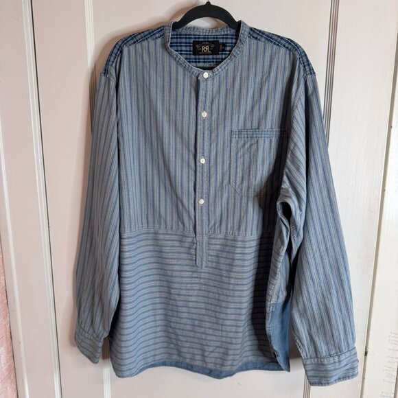 RRL Ralph Lauren Blue Stripe Patchwork Long Sleeve Button Men's Shirt sz XXL - Picture 1 of 6
